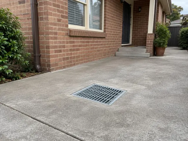 Dry outdoor drain grate in a concrete driveway beside a brick house in Parramatta