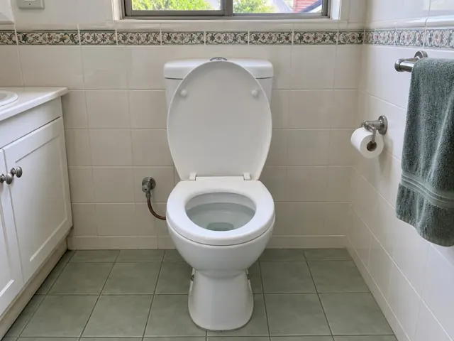 Clean white toilet in a tiled bathroom with a towel rail and vanity in Westmead