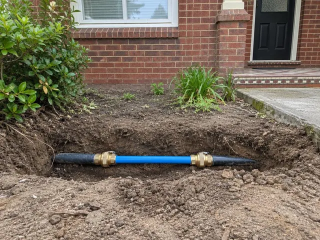 Exposed repaired water pipe in a dirt trench beside a brick house in Parramatta