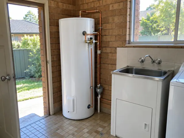 White hot water tank beside a laundry sink against a brick wall with tiled floor in Northmead